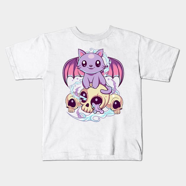 Skull Cat Kawaii Gothic Kids T-Shirt by DionArts